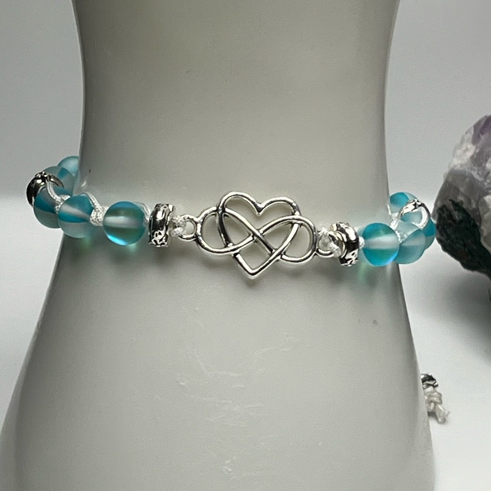 Blue Mermaid Glass with Silver Heart Infinity Bracelet